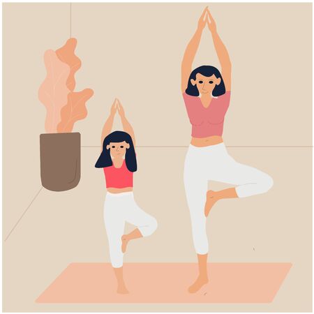 Mother and daughter yogi together in yoga asana pose meditation at home vector illustration.のイラスト素材