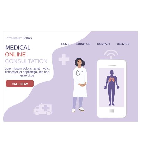 Doctor online, medical health care consultation of pulmonologist web page template vector flat illustrations set.のイラスト素材