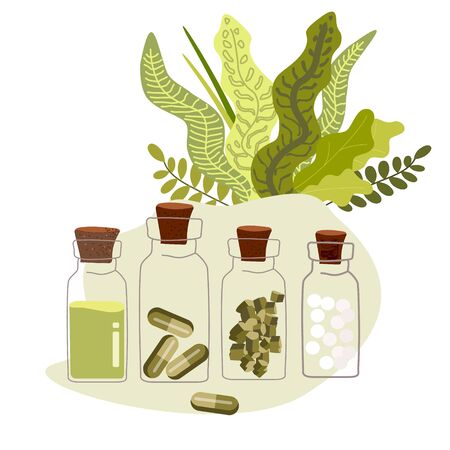 Homeopathy treatment banner, herbal alternative medicine, naturopathic therapy isolated on white vector illustration.のイラスト素材