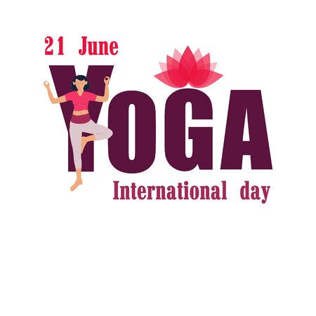 Yoga huge letters and yogine girls practicing yoga asanas, 21st june international yoga day isolated on white vector illustration.のイラスト素材