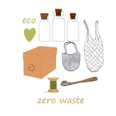 Zero waste, recycle, ecology set with natural sisal brush, reusable shopping bags, glass containers and paper box isolated vector illustration.のイラスト素材