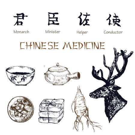 Chinese medicine ink pen sketch isolated on white background. Chinese medical tea kettle, plant and herbs, deer antlers and ginseng root.のイラスト素材