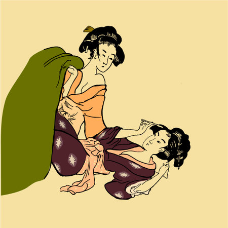 Japanese geisha homosexual lesbian women and oriental art, illustration in style of traditional old japanese engraving. Japan traditional culture. Vintage paiting, female in kimono.のイラスト素材