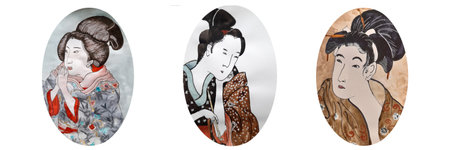 Japanese girls geisha in kimono, hand drawn watercolor illustration. Traditional Japan art style.
