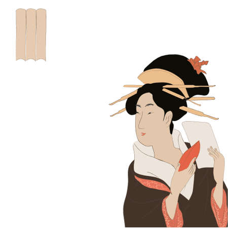 Geisha in kimono, woman in japan, traditional ukio-e art style vector illustration. Japanese asian culture, beautiful fashion dress. Geisha with fruit and paper.のイラスト素材