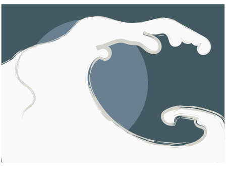 Asian illustration sketch of ocean waves and sun, vector.