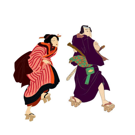 Japanese and Chinese culture vector illustration. Geisha and samurai warriors. Traditional Japanese culture, geisha woman. Japan art.のイラスト素材