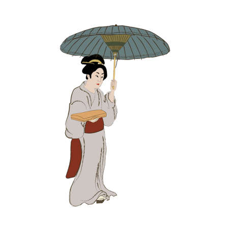 Japanese girls in kimono and with umbrella. vector illustration. Asian traditional beauty woman fashion, art and culture. Vintage japanese costume drawing.のイラスト素材