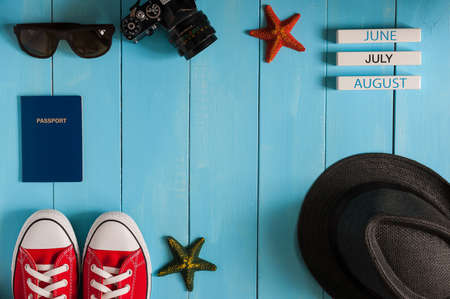 Image of travelling concept. Outfit of traveler, student, teenager, girl or guy. Summer background, Preparation for vacation oand travel. With empty space.の写真素材