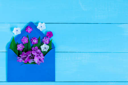 Love - letter with flower, romantic message on blue wooden background.の写真素材