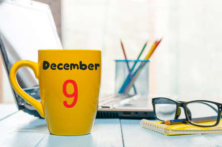 December 9th. Day 9 of month, calendar on freelancer workplace background. Winter concept. Empty space for text.の写真素材