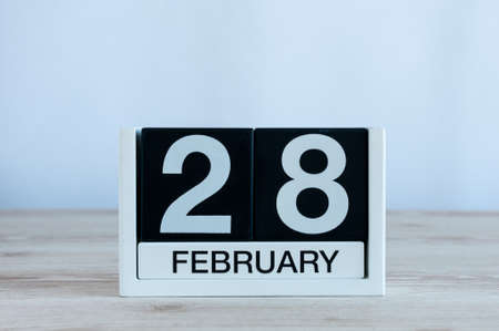 February 28th. Cube calendar for february 28 on wooden table with empty space For text. Not Leap year or intercalary dayの写真素材
