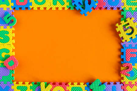 Template - frame of child toy puzzle with empty space for text or photo. Illustration of a childs life conceptの写真素材