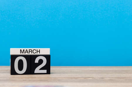 March 2nd. Day 2 of march month, calendar on light blue background. Spring time, empty space for text, mockupの写真素材