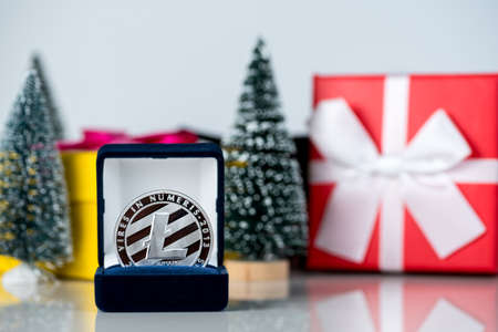 Coin litecoin in a gift box for jewelry, ring. Crypto-currency 2019 trend. The best gift for the Christmas and new year holidayの写真素材
