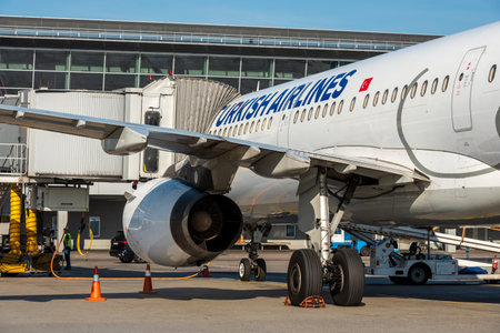 KYIV, UKRAINE - SEPTEMBER 10, 2019: Aircraft of Turkish Airlines near airport gate. Biggest air...