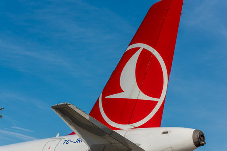 KYIV, UKRAINE - SEPTEMBER 10, 2019: Aircraft tail of Turkish Airlines. One of the largest air carriers in the worldのeditorial素材
