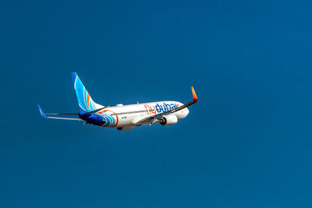KYIV, UKRAINE - SEPTEMBER 10, 2019: Flydubai Boeing 737 takes off. State budget airline United Arab...