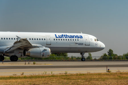 KYIV, UKRAINE - SEPTEMBER 10, 2019: Airbus LUFTHANSA airways aircraft lands at airport. The most...