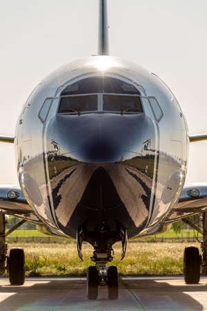 Front view of black aircraft cabin. The passenger plane ready to take off. Travel conceptの写真素材