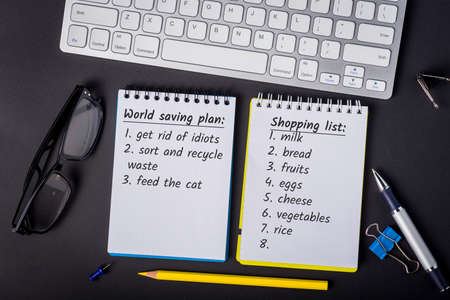 Shopping list and Plan to save the world on workplace. Goals and Planning