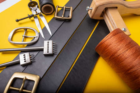 Leather crafting tools still life. Handmade accessories.の写真素材