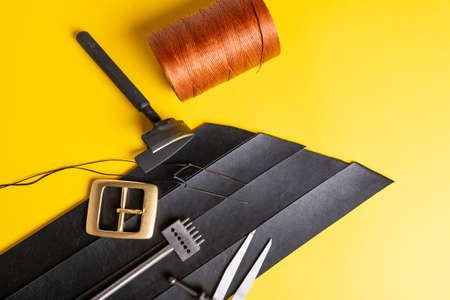 Leather crafting tools still life. Handmade accessories.の写真素材