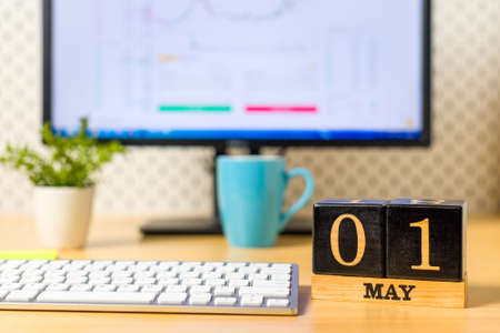 May 1st. Day 1 of may month, calendar at workplace, on office table. Spring timeの写真素材