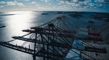 Shipping cranes over seas to Europe and Sweden . High quality photo
