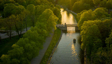 Sunset over canal in a park in Stockholm Sweden. High quality photoのeditorial素材