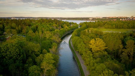Sunset over canal in a park in Stockholm Sweden. High quality photoのeditorial素材