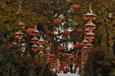 Halloween decoration at Tivoli in Copenhagen, Denmark. . High quality photo Halloween decoration theme in an outdoor public garden, scary pumpkins on the ground.のeditorial素材