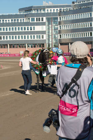 210530 Solvalla - The winner horse of Elitloppet Propulsionand the driver Orjan Kihlstrom win the final of the Elitloppet trotting event at Solvalla track in Stockholm Sweden. High quality photoのeditorial素材