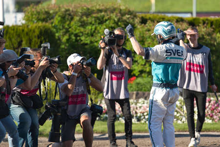 210530 Solvalla - The winner horse of Elitloppet Propulsionand the driver Orjan Kihlstrom win the final of the Elitloppet trotting event at Solvalla track in Stockholm Sweden. High quality photoのeditorial素材