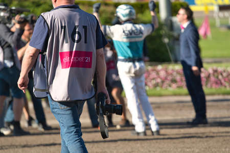 210530 Solvalla - The winner horse of Elitloppet Propulsionand the driver Orjan Kihlstrom win the final of the Elitloppet trotting event at Solvalla track in Stockholm Sweden. High quality photoのeditorial素材