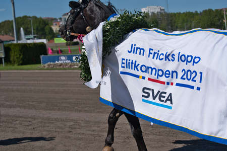 210530 Solvalla - The winner horse of Elitloppet Propulsionand the driver Orjan Kihlstrom win the final of the Elitloppet trotting event at Solvalla track in Stockholm Sweden. High quality photoのeditorial素材