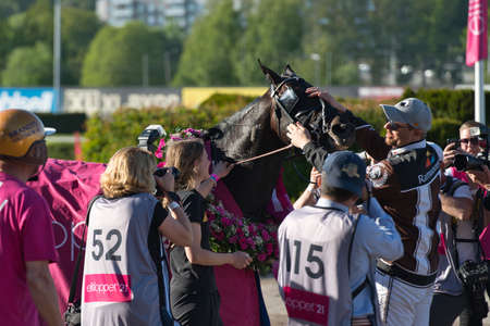 210530 Solvalla - The winner horse of Elitloppet Propulsionand the driver Orjan Kihlstrom win the final of the Elitloppet trotting event at Solvalla track in Stockholm Sweden. High quality photoのeditorial素材