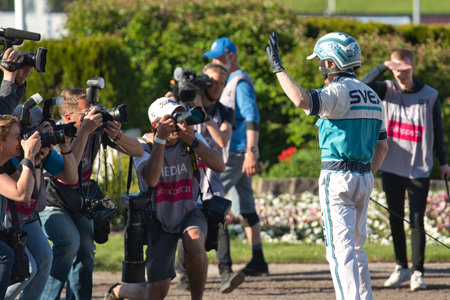 210530 Solvalla - The winner horse of Elitloppet Propulsionand the driver Orjan Kihlstrom win the final of the Elitloppet trotting event at Solvalla track in Stockholm Sweden. High quality photoのeditorial素材