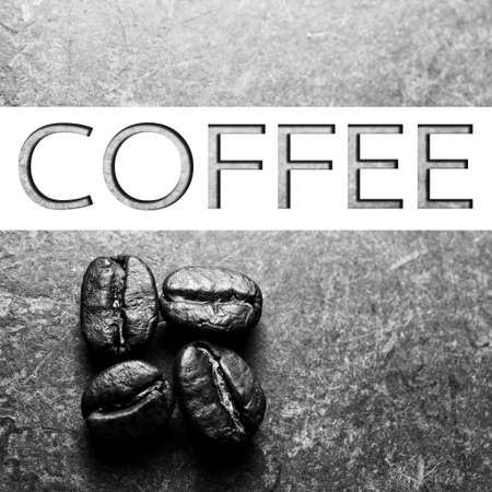 Coffee text with Roasted Coffee beans on texture floor, retro color backgroundの写真素材