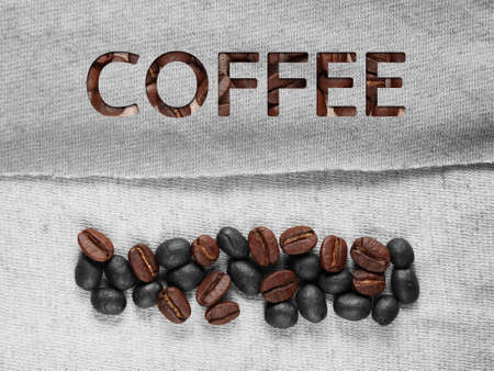 coffee crop beans on fabric textile texture backgroundの写真素材