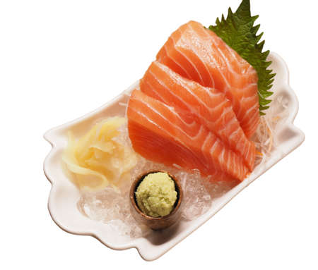 Fresh salmon sashimi isolated on whiteの写真素材