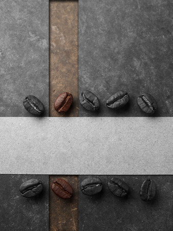 Coffee crop beans with paper on wood texture backgroundの写真素材