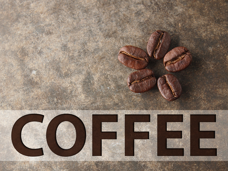 Coffee crop beans  on wood concrete texture backgroundの写真素材