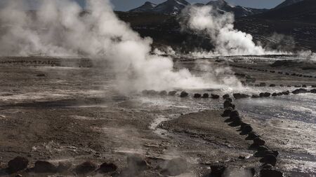 Steaming hot springs at Tatio Geyser, Atacama Desertの写真素材