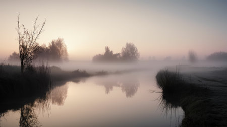 Foggy morning in the countryside. Landscape with river and trees. AI Generated.の素材