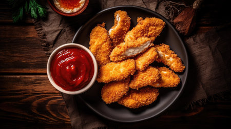 Fried chicken nuggets with ketchup on rustic wooden background. AI Generated.の素材