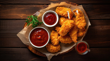 Fried chicken nuggets with ketchup and mayonnaise on wooden background. AI Generated.の素材