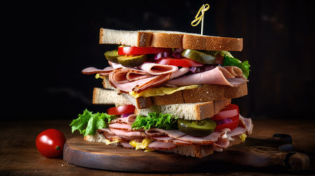 Sandwich with ham, cheese and vegetables on a wooden background. AI Generated.の素材