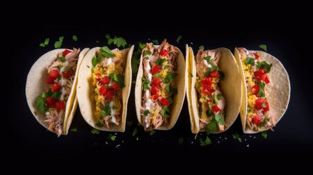 Tacos with chicken, cheese and vegetables on a black background. AI Generated.の素材