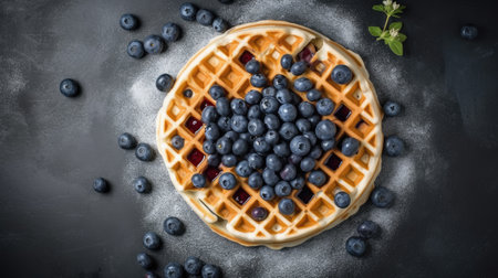 Homemade belgian waffles with fresh blueberries on dark background. AI Generated.の素材